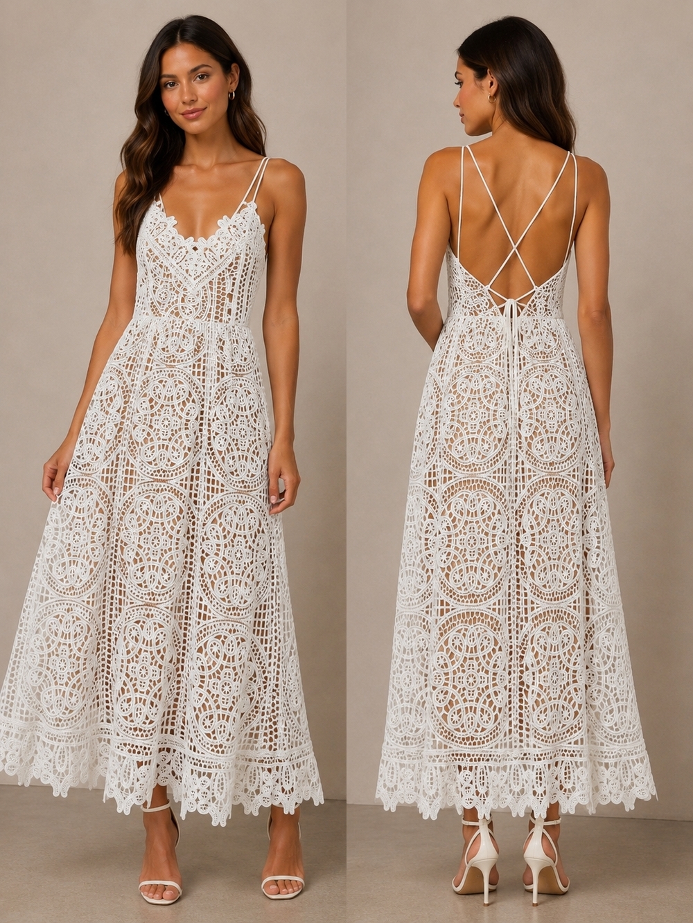 White Lace Backless Maxi Dress with Spaghetti Straps - Picture 1 of 9